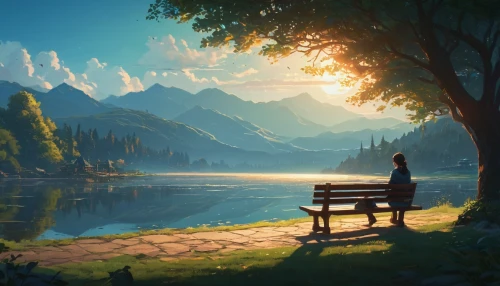 landscape background,world digital painting,wooden bench,idyll,idyllic,park bench,nature background,quietude,bench,fantasy picture,full hd wallpaper,beautiful wallpaper,fantasy landscape,romantic scene,beautiful landscape,serenity,serene,peaceful,man on a bench,forest lake,Photography,General,Fantasy