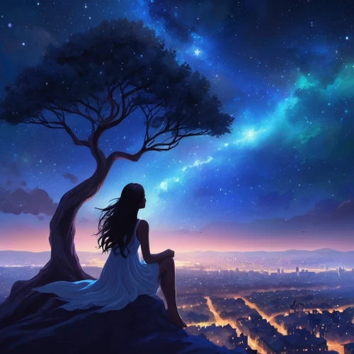 fantasy picture,girl with tree,dreamscapes,dreamscape,the night sky,dream world,the girl next to the tree,landscape background,dreamtime,night sky,starry sky,dreamer,skywatchers,dreamlike,dreaminess,imagining,dreamland,nightsky,mother earth,world digital painting,Illustration,Realistic Fantasy,Realistic Fantasy 01