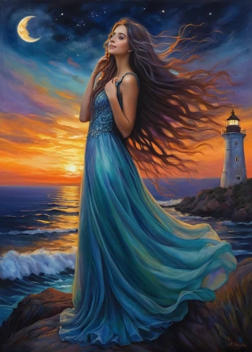 amphitrite,dreamtime,celtic woman,fantasy picture,fantasy art,dreamscapes,ariadne,nightdress,art painting,mystical portrait of a girl,the wind from the sea,fathom,romantic portrait,oil painting on canvas,the sea maid,enchantment,dubbeldam,dream art,guiding light,blue moon rose,Illustration,Realistic Fantasy,Realistic Fantasy 30