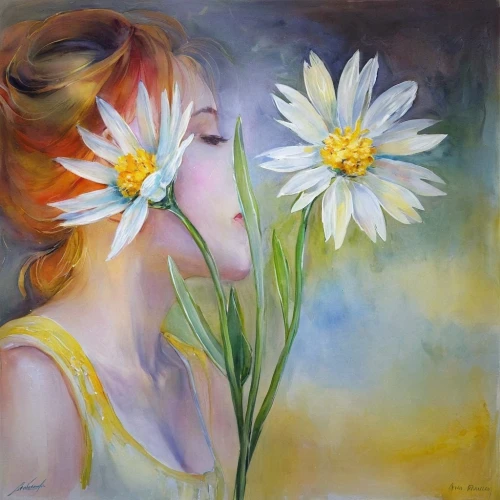 margueritte,marguerite daisy,marguerite,flower painting,girl in flowers,daisies,oxeye daisy,white daisies,daisy flowers,narciso,oil painting on canvas,yellow cosmos,daisy flower,dmitriev,narcisse,oil painting,marguerita,camomile flower,rahimov,white cosmos,Illustration,Paper based,Paper Based 11