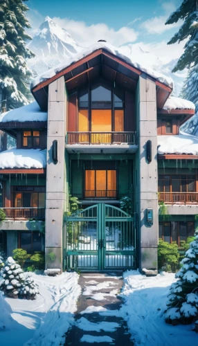 winter house,house in the mountains,dreamhouse,house in mountains,snow house,chalet,beautiful home,luxury home,snowed in,ryokan,tsukihime,modern house,winter background,holiday complex,luxury property,snow roof,private house,forest house,snowy,winterplace,Illustration,Japanese style,Japanese Style 03