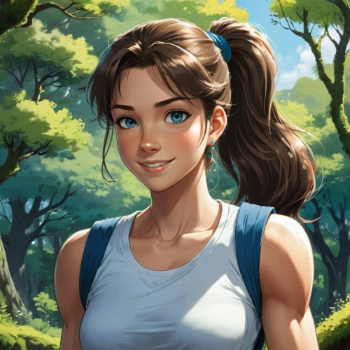 katara,korra,arrietty,lara,girl in t-shirt,female runner,isabela,portrait background,girl portrait,inara,annabeth,zarina,asahina,forest background,krita,girl with tree,game illustration,aerith,world digital painting,maya,Illustration,American Style,American Style 13