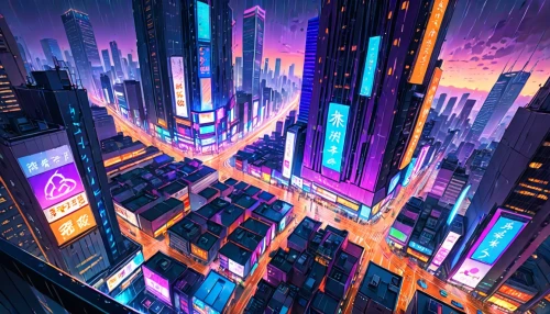 cybercity,cybertown,cyberworld,metropolis,cityscape,futuristic landscape,microdistrict,colorful city,cyberpunk,fantasy city,cyberscene,synth,cyberia,city blocks,cyberview,cyberport,futuristic,shinjuku,urbanworld,cityzen,Anime,Anime,General