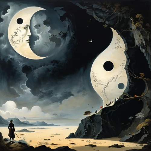 yinyang,moon phases,lunar phases,lunar landscape,moon phase,phase of the moon,violinist violinist of the moon,moons,fantasy picture,sun and moon,yin yang,sci fiction illustration,fantasy art,background image,surrealism,moonscape,celestial bodies,lunar phase,moon and star background,moonscapes,Illustration,Black and White,Black and White 07