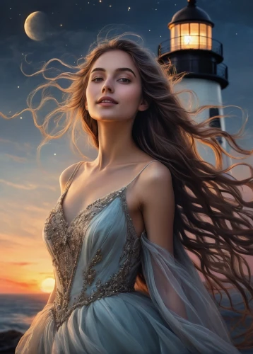 fantasy picture,fantasy art,fantasy portrait,world digital painting,celtic woman,mystical portrait of a girl,nightdress,romantic portrait,ariadne,fantasy woman,dreamscapes,amphitrite,the wind from the sea,lighthouse,rapunzel,enchantment,margairaz,inanna,behenna,little girl in wind,Illustration,Realistic Fantasy,Realistic Fantasy 16