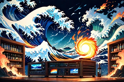 fire background,the great wave off kanagawa,hokusai,fire and water,japanese waves,garrison,yamatai,tsunamis,hanabi,japanese wave,dragon fire,tsunami,myojin,fire planet,big wave,whirlwinds,dancing flames,cool backgrounds,fire artist,kujira,Anime,Anime,Realistic