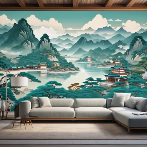 oriental painting,wall painting,japanese-style room,japanese art,wallcoverings,wall decoration,painted wall,oriental,japanese background,murals,background design,lijiang,wall art,wall decor,wallcovering,feng shui,gournay,japanese waves,teal blue asia,wallpapering,Photography,General,Realistic