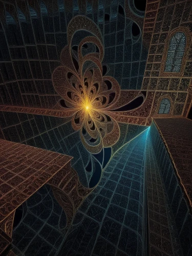 fractal lights,fractal environment,labyrinths,labyrinthian,light fractal,escher,mandelbulb,illumination,odditorium,obscura,kaleidoscape,3d render,the threshold of the house,octavarium,kalhora,kaleidoscope,fractals art,maze,light effects,hall of the fallen,Illustration,Realistic Fantasy,Realistic Fantasy 33