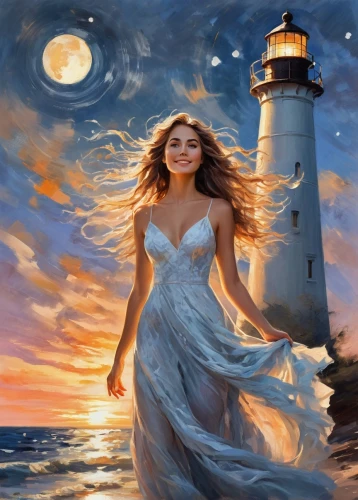 celtic woman,fantasy picture,donsky,fantasy art,the sea maid,world digital painting,amphitrite,photo painting,art painting,nightdress,romantic portrait,sea night,lighthouse,the girl in nightie,mermaid background,guiding light,oil painting on canvas,phare,oil painting,romantic night,Conceptual Art,Oil color,Oil Color 10