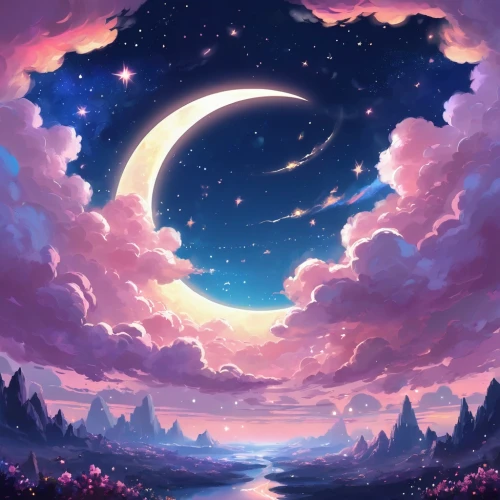 moon and star background,purple landscape,crescent moon,night sky,fantasy landscape,unicorn background,dusk background,moonlit night,nightsky,landscape background,the night sky,starclan,dreamscape,starry sky,moonlight,lunar landscape,starlight,moon and star,beautiful wallpaper,hanging moon,Illustration,Realistic Fantasy,Realistic Fantasy 01