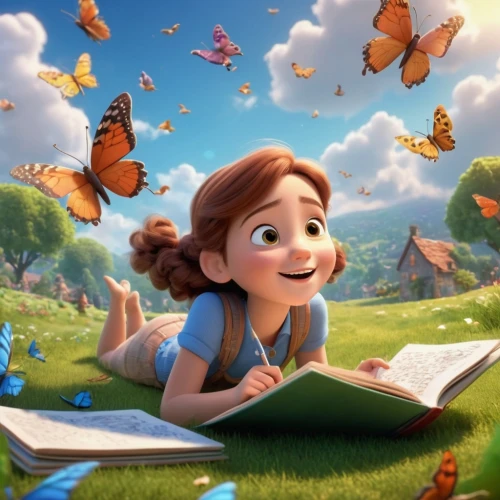 butterfly background,cute cartoon image,agnes,morphos,butterfly day,julia butterfly,cute cartoon character,butterflies,arrietty,storybook character,little girl reading,disneynature,storybook,flutter,fluttery,chasing butterflies,llibre,scholastic,lepidopterists,girl studying,Photography,General,Cinematic