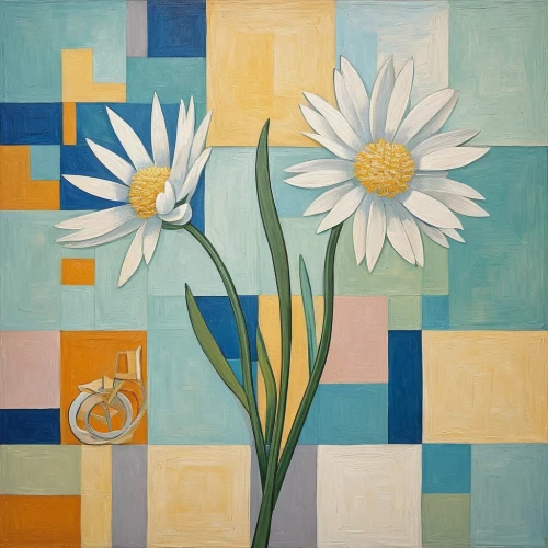 blue daisies,flower painting,marguerite daisy,white daisies,ceramic tile,floral composition,still life of spring,marguerite,retro modern flowers,african daisies,daisies,margueritte,carol colman,daisylike,barberton daisies,oxeye daisy,summer still-life,daisy flowers,mousseau,perennial daisy,Art,Artistic Painting,Artistic Painting 45