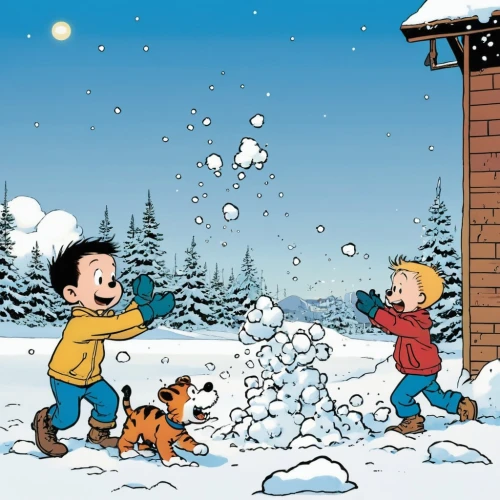 watterson,franquin,tintin,herge,gottfredson,snow scene,uderzo,schroeder,stahler,peanuts,spirou,pixton,schulz,christmas snow,marmaduke,dilton,christmas scene,snowfall,garfein,calvin,Illustration,Children,Children 02