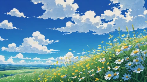 blooming field,spring background,springtime background,flower field,dandelion field,summer meadow,meadow landscape,spring meadow,dandelion meadow,field of flowers,landscape background,blanket of flowers,hosoda,flowers field,dandelion background,windows wallpaper,daffodil field,flower background,flower meadow,meadow,Illustration,Japanese style,Japanese Style 05