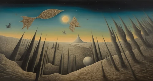 mushroom landscape,flying seeds,migrations,migration,dune landscape,surrealism,alien world,shifting dunes,fantasy landscape,shifting dune,futuristic landscape,desert landscape,bird migration,fantasy art,alien planet,transmigration,christakis,dreamscapes,migrate,desert desert landscape,Illustration,Realistic Fantasy,Realistic Fantasy 40