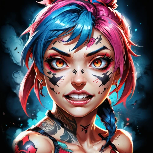 jinx,tattoo girl,karou,harley quinn,punk,harley,gaige,liora,vi,vector girl,face paint,tattooist,pacitti,cyborg,monami,fantasy portrait,ramona,punk design,rockabella,vada,Conceptual Art,Fantasy,Fantasy 26