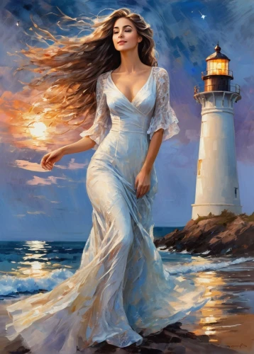 fantasy picture,the sea maid,celtic woman,the wind from the sea,fantasy art,amphitrite,lighthouse,world digital painting,donsky,romantic portrait,lighthouses,liberto,phare,ariadne,guiding light,nightdress,sea landscape,light house,windswept,art painting,Conceptual Art,Oil color,Oil Color 10