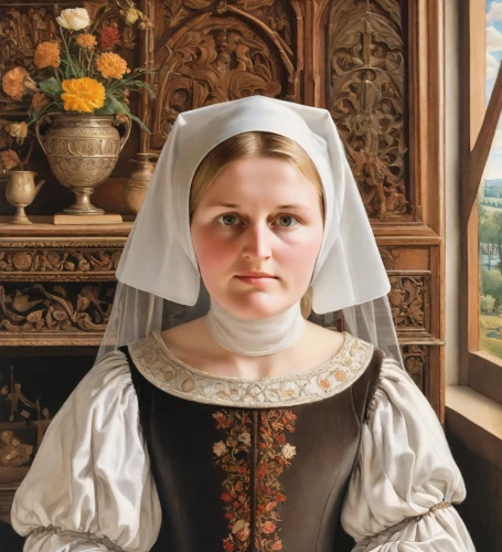 portrait of christi,clergywoman,chambermaid,maidservant,portrait of a girl,portrait of a woman,netherlandish,postulant,foundress,nunsense,nelisse,scotswoman,girl with bread-and-butter,miniaturist,canoness,saint therese of lisieux,gothic portrait,girl in a historic way,scholastica,noblewomen,Digital Art,Comic
