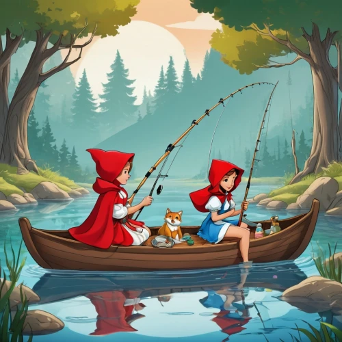 game illustration,canoeing,red riding hood,canoes,little red riding hood,talespin,arrowood,scarlet sail,redwall,lurianic,boatpeople,rowboats,pedalos,canoe,canoed,hunting scene,pedal boats,lilo,fairy tale,flotilla,Illustration,Japanese style,Japanese Style 07