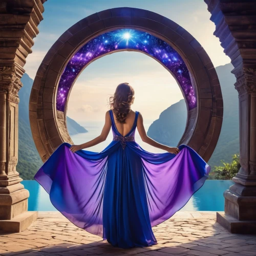 celtic woman,crystal ball-photography,fantasy picture,blue enchantress,magic mirror,portals,enchantment,semi circle arch,sailing blue purple,round window,ball gown,stargates,window to the world,photographic background,mirror of souls,entrancing,purple frame,beautiful frame,crown chakra,image manipulation,Photography,General,Realistic