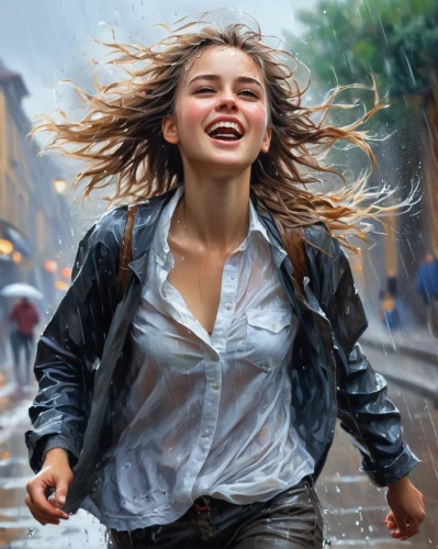 walking in the rain,donsky,in the rain,sprint woman,female runner,woman walking,oil painting on canvas,world digital painting,photorealist,hyperrealism,girl walking away,struzan,photoshop manipulation,a girl's smile,rainfall,mausam,oil painting,woman holding a smartphone,heavy rain,lluvia,Conceptual Art,Oil color,Oil Color 03