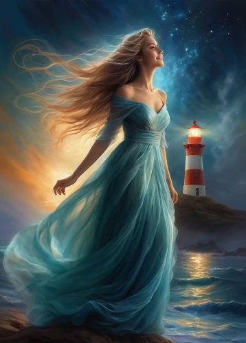 celtic woman,amphitrite,fantasy picture,guiding light,fathom,mermaid background,atlantica,lighthouse,the sea maid,the wind from the sea,fantasy art,phare,dreamscapes,world digital painting,ariadne,lighthouses,dreamtime,riverdance,mystical portrait of a girl,light of night,Conceptual Art,Daily,Daily 32