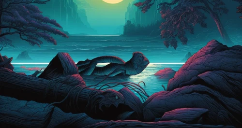 lagoon,dark beach,orcas,oscura,travel poster,futuristic landscape,dagobah,an island far away landscape,game illustration,dusk,sci fiction illustration,geist,polynesia,paisaje,fjord,ozark,tidal,laguna,evening lake,oasis,Illustration,Realistic Fantasy,Realistic Fantasy 25