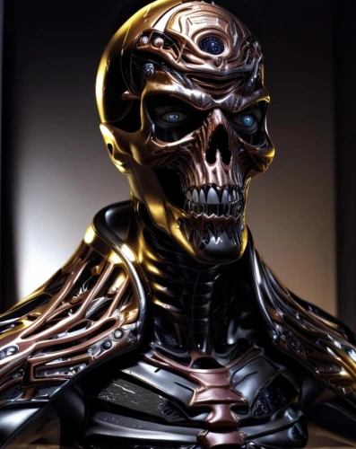 endoskeleton,giger,skeletonized,chitauri,metal figure,alien warrior,goldust,avp,ultron,crossbones,cylon,asaro,vorlon,skull statue,scull,weslake,gold mask,rendel,shiny metal,harlock