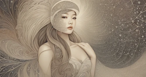 the snow queen,peignoir,fairie,mystical portrait of a girl,diwata,japanese art,white lady,sylph,the angel with the veronica veil,sedna,hoshihananomia,melusine,faerie,dieckmann,suit of the snow maiden,zuoying,white feather,hesperides,amphitrite,sirene,Illustration,Japanese style,Japanese Style 15