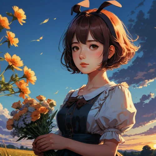 holding flowers,falling flowers,orange petals,picking flowers,girl picking flowers,field of flowers,haru,girl in flowers,flower in sunset,orange blossom,blooming field,sylvania,orange flowers,flora,prairie,autumn daisy,lily of the field,springtime background,tressa,flower painting,Conceptual Art,Fantasy,Fantasy 15