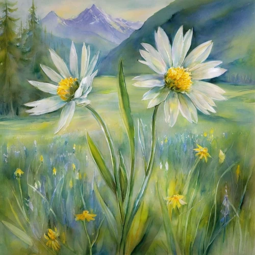 meadow in pastel,flower painting,daisies,white daisies,daisy flowers,alpine meadow,meadow flowers,sun daisies,marguerite daisy,meadow landscape,mountain meadow,blue daisies,australian daisies,meadow daisy,summer meadow,flower meadow,oil painting on canvas,mountain flowers,flowering meadow,barberton daisies,Illustration,Paper based,Paper Based 11