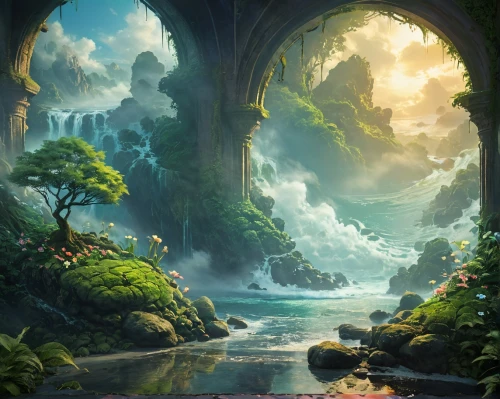 fantasy landscape,fantasy picture,3d fantasy,fantasy art,rivendell,underwater oasis,alfheim,fairy world,fantasy world,world digital painting,landscape background,river landscape,elven forest,forest landscape,mushroom landscape,cave on the water,fairy village,underwater landscape,nature landscape,an island far away landscape,Conceptual Art,Fantasy,Fantasy 16