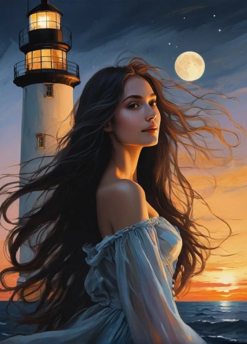 lighthouse,the sea maid,lightkeeper,fantasy picture,phare,the wind from the sea,world digital painting,amphitrite,light house,petit minou lighthouse,windblown,at sea,ariadne,lighthouses,sea night,girl on the boat,fathom,fantasy art,romantic portrait,armonica,Illustration,Paper based,Paper Based 05