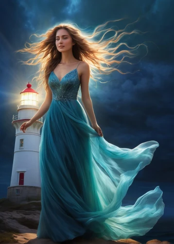celtic woman,lightkeeper,the sea maid,amphitrite,lighthouse,fantasy picture,electric lighthouse,lightkeepers,phare,guiding light,fathom,the wind from the sea,light house,atlantica,nightdress,ariadne,photoshop manipulation,image manipulation,blue enchantress,margaery,Conceptual Art,Daily,Daily 32