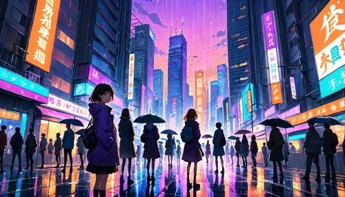 shinjuku,tokyo city,cybercity,cyberpunk,shibuya,tokyo,world digital painting,umbrellas,colorful city,akiba,cityzen,cityscape,metropolis,urbanworld,walking in the rain,dystopian,mongkok,pedestrian,akihabara,fantasy city,Anime,Anime,Realistic