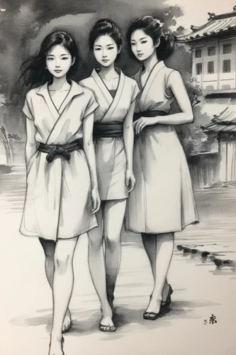 sichuanese,kaiping,housemaids,laotians,newari,amorsolo,oriental painting,korean history,korean culture,maidservants,shirelles,geishas,asiaticas,ronettes,sewing pattern girls,vintage girls,magwe,little girls walking,vintage drawing,buddha purnima,Illustration,Paper based,Paper Based 30