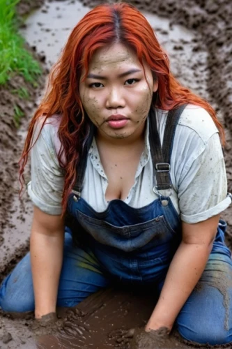 mud,girl in overalls,mudbath,farmworker,mudhole,female worker,muddier,tinymud,mud village,farm girl,sanchai,mayhle,pile of dirt,mudflows,sweet potato farming,mudflow,clay soil,muddy,veysian,farmer