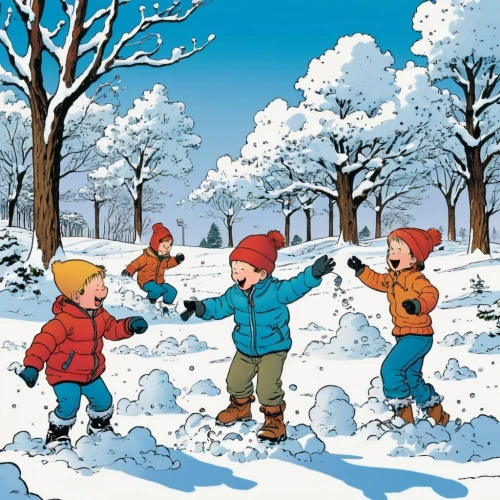 snow scene,franquin,herge,uderzo,gottfredson,spirou,watterson,snowshoers,munsch,snowsuits,snowville,children playing,dilton,tintin,children's background,snowblowers,doonesbury,winter animals,snow figures,robins in a winter garden,Illustration,Children,Children 02