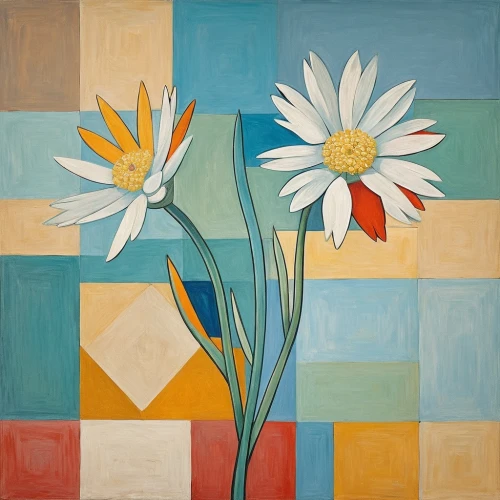 flower painting,floral composition,minimalist flowers,retro modern flowers,still life of spring,abstract flowers,narciso,gazania,three flowers,mondrian,marguerite,blue daisies,margueritte,flowers png,bloemen,daisies,marguerite daisy,flower arrangement,tulipa,kahila garland-lily,Art,Artistic Painting,Artistic Painting 45