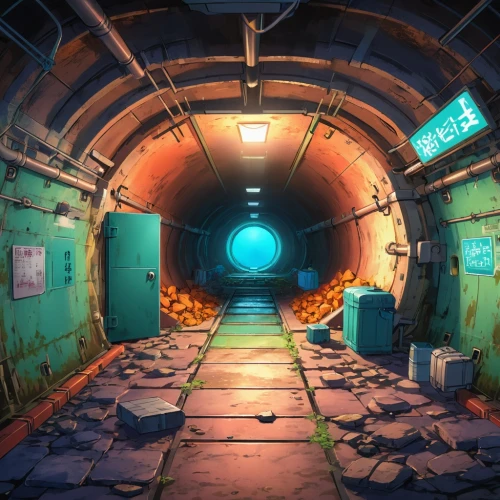 fallout shelter,cartoon video game background,mining facility,rescue alley,tunnel,subbasement,bunker,vault,subterranean,basement,backgrounds,refinery,cold room,mailroom,underground,sewer,postapocalyptic,collected game assets,lost place,underpass,Illustration,Japanese style,Japanese Style 03