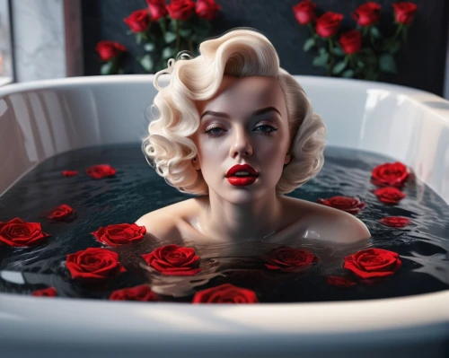 the girl in the bathtub,water rose,red rose,bathwater,bathtub,red roses,marylin monroe,rose petals,porcelain rose,the blonde in the river,valentine day's pin up,scent of roses,valentine pin up,marylin,bathtubs,marilyn monroe,rose png,with roses,tub,photoshoot with water,Photography,General,Sci-Fi