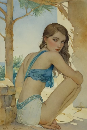 mcginnis,rem in arabian nights,bakst,mucha,emile vernon,bonnat,orientalist,nereids,amphitrite,khnopff,etam,grecian,nereid,scheherazade,bather,vintage illustration,chromolithography,odalisque,frazetta,whitmore,Illustration,Paper based,Paper Based 23