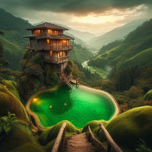 house in mountains,house with lake,house in the mountains,fantasy landscape,japan landscape,tree house hotel,green waterfall,lonely house,asian architecture,house by the water,shambhala,green landscape,the cabin in the mountains,rice terraces,rice terrace,house in the forest,fantasy picture,treehouse,tree house,japanese zen garden