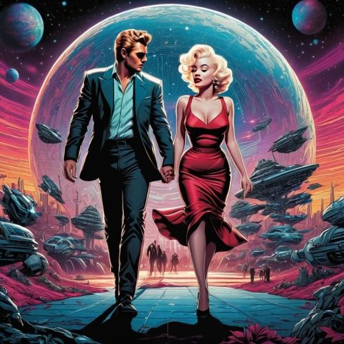 barbarella,replicants,monroe,polara,cosmopolitans,retro background,venusians,interstellar,xanadu,starova,spaceland,sci fiction illustration,femme fatale,marilyn monroe,honeymoon,futurians,supercouple,passengers,steranko,moonwalks,Illustration,Realistic Fantasy,Realistic Fantasy 25