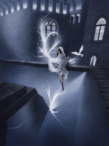 patronus,weiss,sylphs,ghostley,fantasy picture,flying girl,spellcasting,janna,white rose snow queen,claymore,celeborn,peignoir,spellbound,wisp,whirlwinds,sigyn,leap of faith,adagio,leap,spellcaster,Illustration,Abstract Fantasy,Abstract Fantasy 14