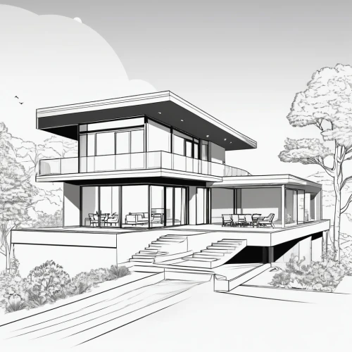 sketchup,revit,3d rendering,house drawing,renderings,modern house,cantilevers,neutra,passivhaus,unbuilt,residential house,penciling,mid century house,modern architecture,landscape design sydney,autodesk,residencial,cantilevered,duplexes,cohousing,Illustration,Black and White,Black and White 04