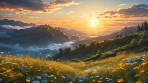 mountain meadow,mountain sunrise,alpine landscape,alpine meadow,meadow landscape,landscape background,alpine sunset,the valley of flowers,mountain landscape,salt meadow landscape,mountain flowers,mountain scene,mountain flower,meadow,summer meadow,fantasy landscape,high alps,nature background,alpine meadows,mountainous landscape,Photography,General,Fantasy