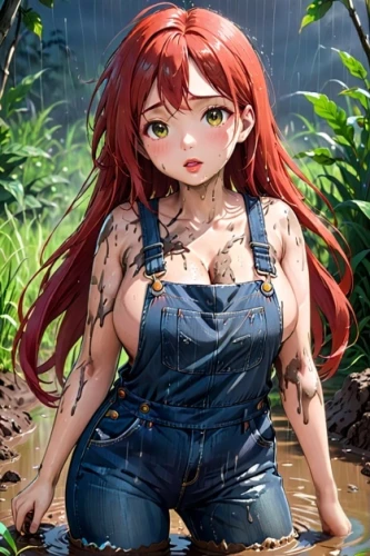 girl in overalls,mitsuru,overalls,ririko,hinata,baki,wet girl,riko,kouka,in the rain,tokiko,momoi,ponyo,kasumi,hilda,fujiko,wet,rain shower,hartadi,monsoon banner