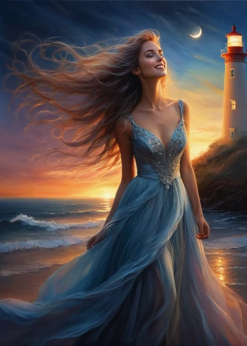 fantasy picture,celtic woman,lighthouse,fantasy art,the wind from the sea,fathom,light house,nightdress,world digital painting,lighthouses,the sea maid,atlantica,phare,ariadne,amphitrite,romantic portrait,sea night,dreamscapes,margairaz,enchantment,Conceptual Art,Daily,Daily 32