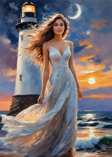 lighthouse,celtic woman,phare,light house,the sea maid,fantasy picture,nightdress,lighthouses,fantasy art,photo painting,art painting,romantic portrait,world digital painting,amphitrite,guiding light,donsky,oil painting,lightkeeper,petit minou lighthouse,ariadne,Conceptual Art,Oil color,Oil Color 10